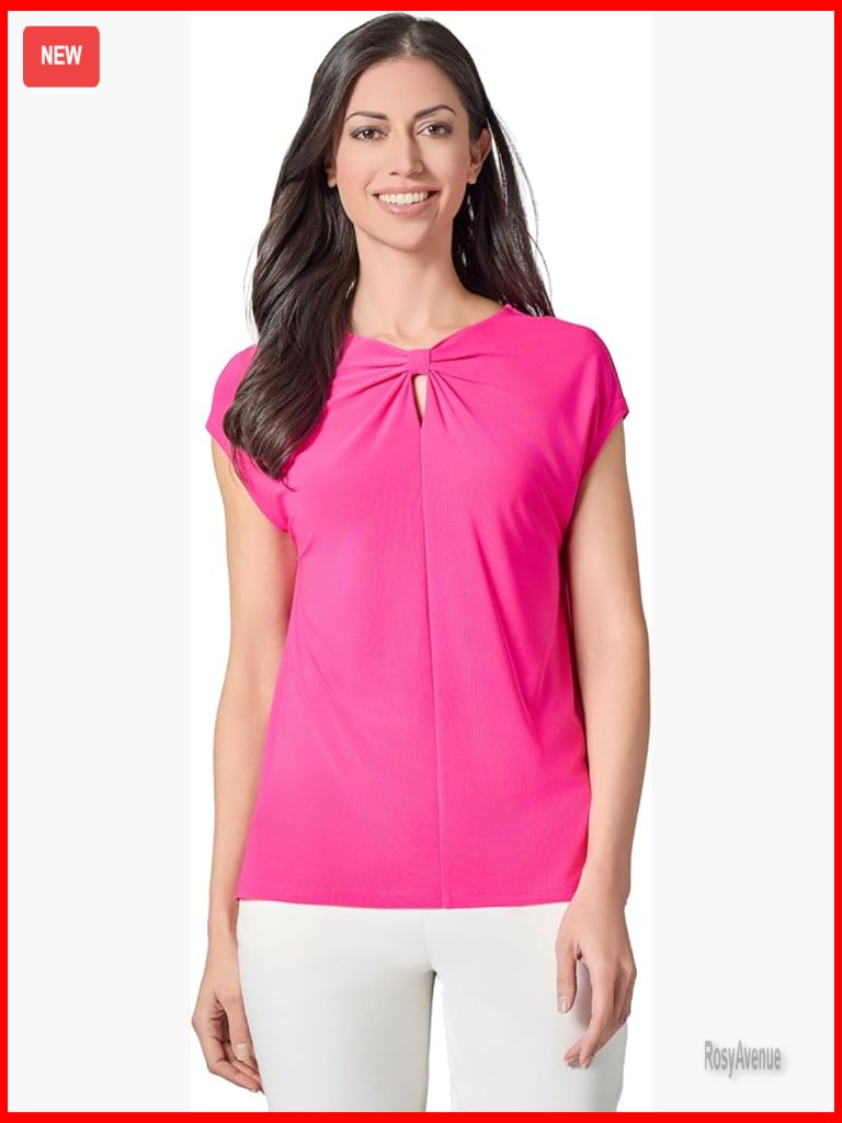 Solid Ity Ext Shldr W Scrunch Front Top Tie Neck Short Sleeve Pull On Polyester